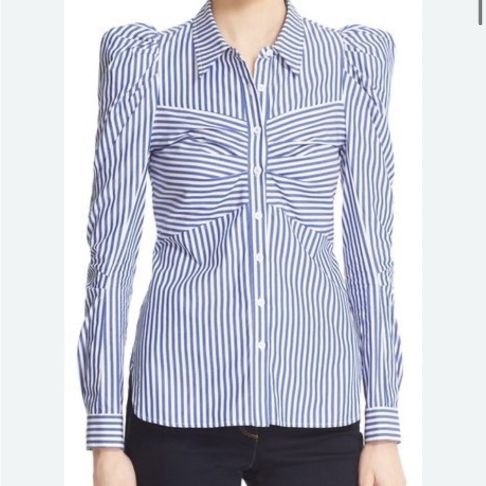 Veronica Beard stripe cotton puff sleeve corset effect button down shirt 2